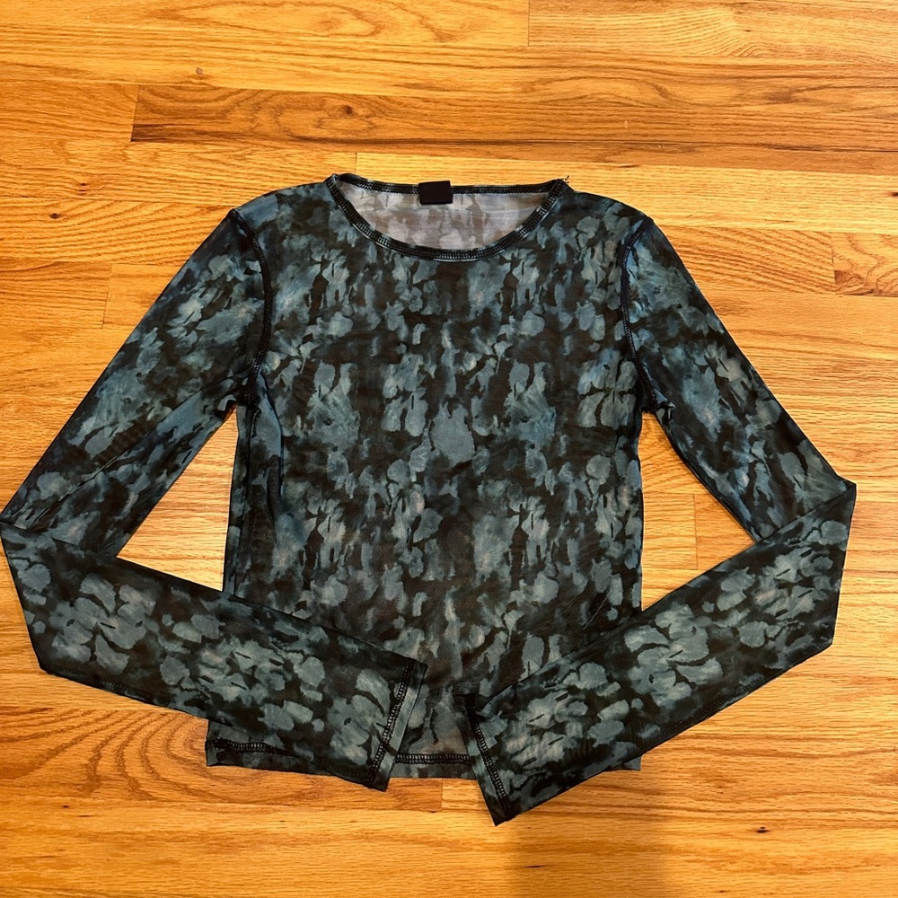 Urban Outfitters Green Printed Mesh Long Sleeve Top
